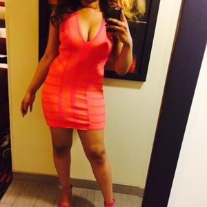 Deep V Neck Pink and Orange Bandage Dress
