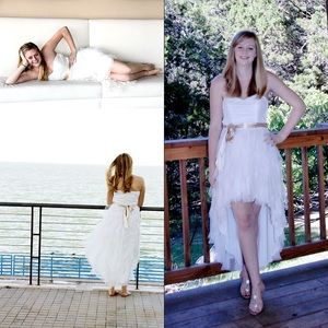 White High-Low hem Formal Dress & Gold Ribbon Belt