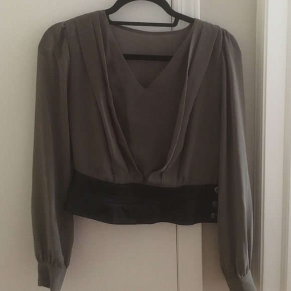 Olive green blouse, leather strap crop top