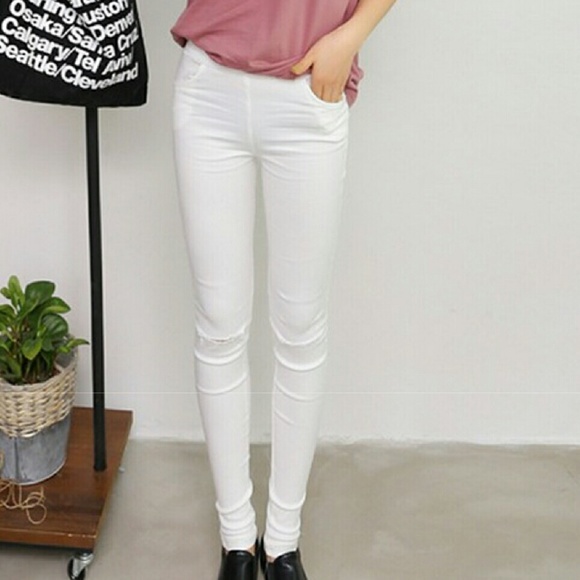 White Ripped Mid-Rise Jeggings - Picture 2 of 4