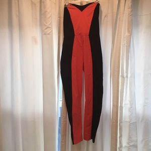 Coral and navy strapless jumpsuit