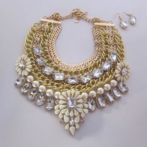 Gold Bib Crystal And White Stone Necklace Set