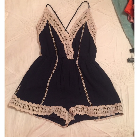 Navy blue and cream lace detail romper
