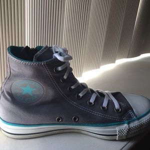 Gray and blue Converse high tops
