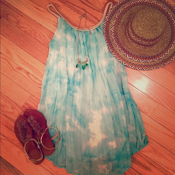Summer shift dress in aqua water print ombré