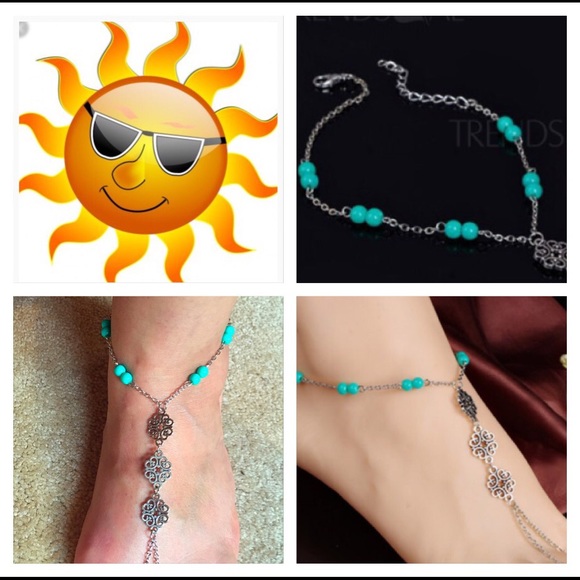 Pair (2) Silver Flower Turquoise Toe Anklets sold - Picture 3 of 3