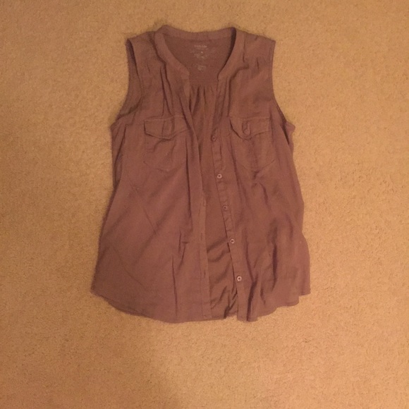 Tan button up capped sleeve top