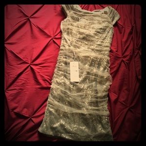 Champagne formal gown with tulle and sparkles