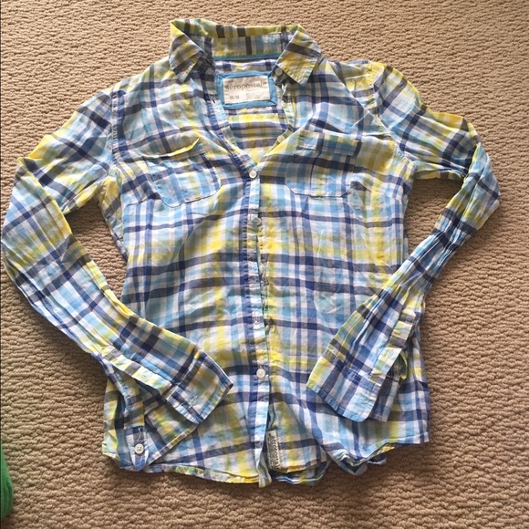 Light blue, navy, yellow and white plaid top