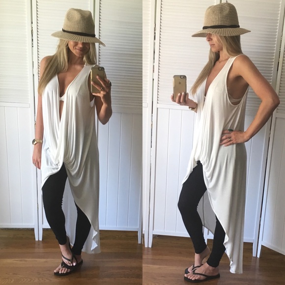 SOLD OUT•White Sleeveless Long Drape Front - Picture 4 of 4