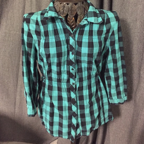 Teal and Black Plaid Blouse