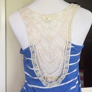 Blue and white striped lace back tank