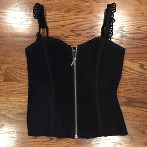 Bebe zip up corset top with Lacey scallop print