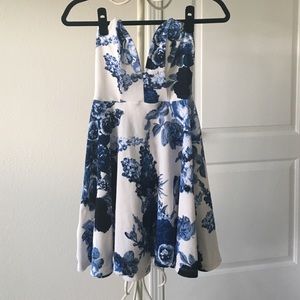 Blue Floral V-cut Dress