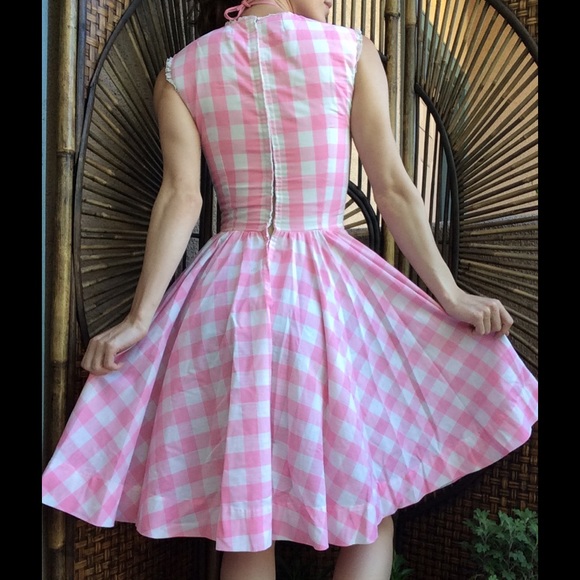 XS Vintage Handmade Pink Checker Pin Up Lace Gown - Picture 2 of 8