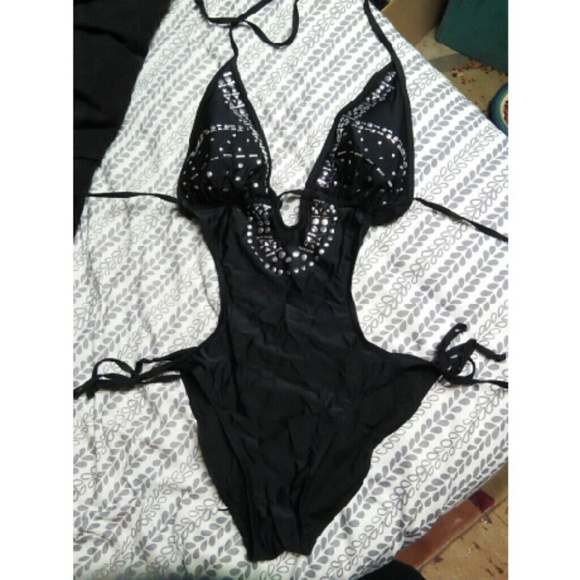 Sexy black studded cutout onepiece bathing suit