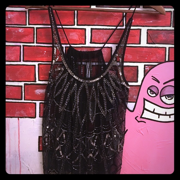Silver Sequined Black Mesh Top Excellent Condition