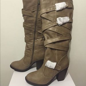 JustFab Debrina calf high zipper heel boots.