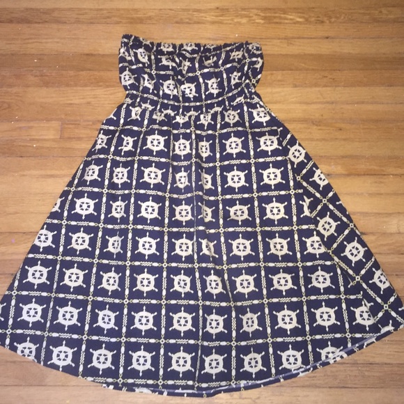 Strapless blue & yellow anchor dress.