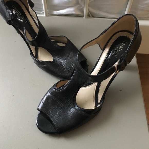 Black leather t-strap heels