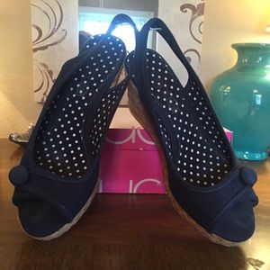Navy blue peep toe sling back wedge
