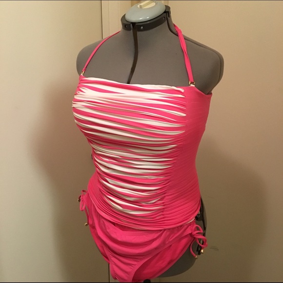 Pink and white two-piece swim suit