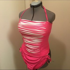 Pink and white two-piece swim suit