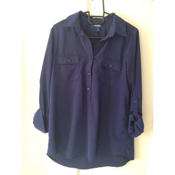 Navy blue button down long sleeve blouse