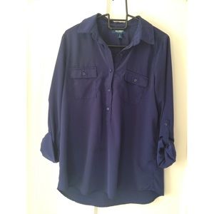Navy blue button down long sleeve blouse