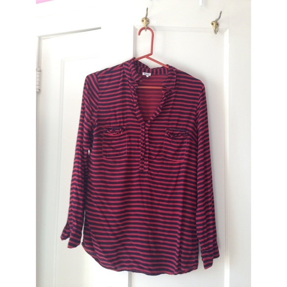 Navy blue and red long sleeve blouse