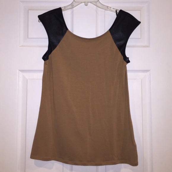 Tan Express Top with faux black leather sleeves