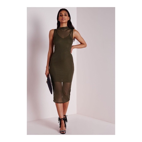 Missguided sleeveless mesh bodycon dress khaki