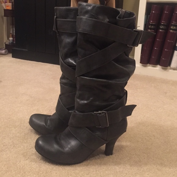 Gray slouchy heeled boots