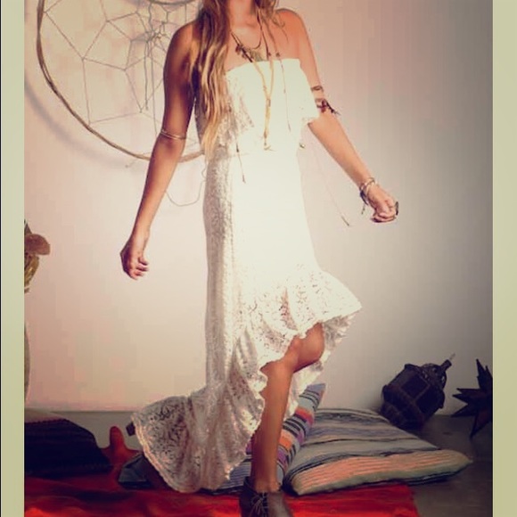 French goddess lace overlay high low hem dress- Sm