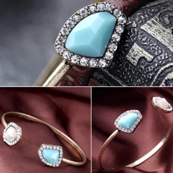 Geometric Blue Rhinestone Open Cuff Bracelet - Picture 2 of 4