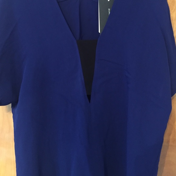 ZARA Blue Short Sleeve Blouse with Black Insert - Picture 2 of 3