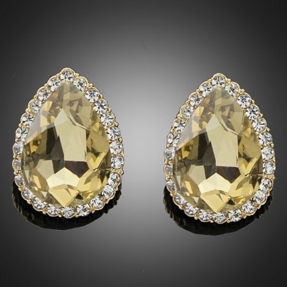 New Champagne Crystal Stud Earrings, Vintage Gold