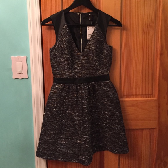 NEW H&M Sparkle Tweed & Leather Skater Dress Sz 4