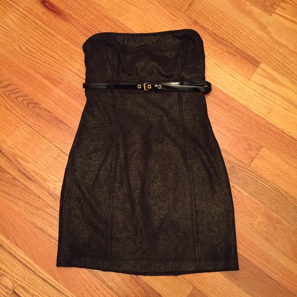 Guess Strapless Black Gold Belted Mini Dress Sz 1