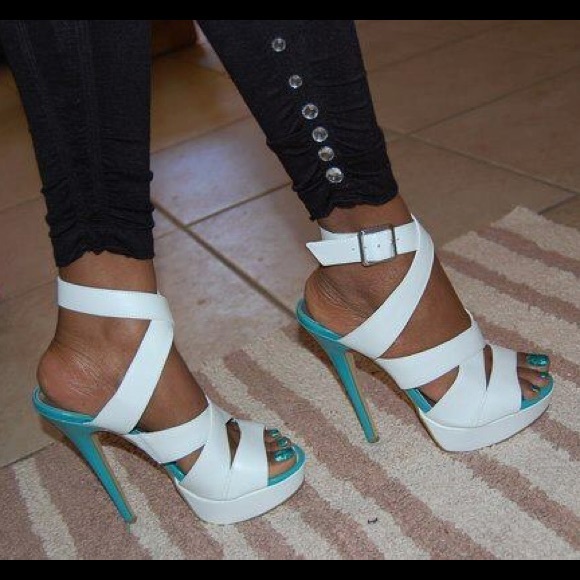 Teal and white strappy heels