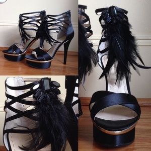 Black Satin Platform Heels w/ Feathers & Crystals