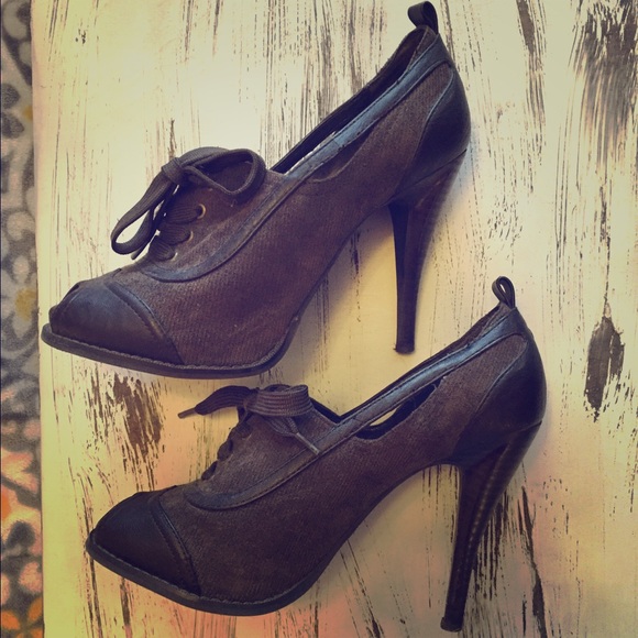 Leather/ Corduroy Open Toe Heel Boots