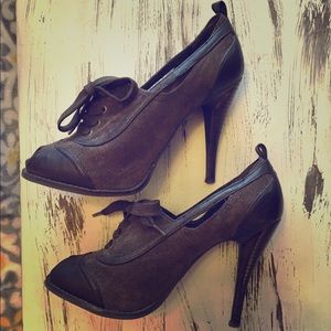 Leather/ Corduroy Open Toe Heel Boots