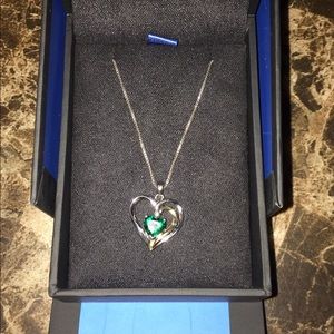 Emerald stone, silver & white gold heart necklace