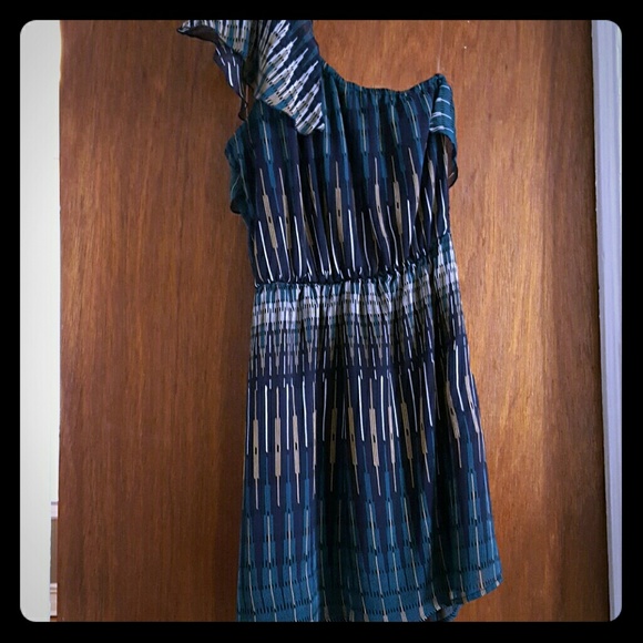 One shoulder green/blue dress