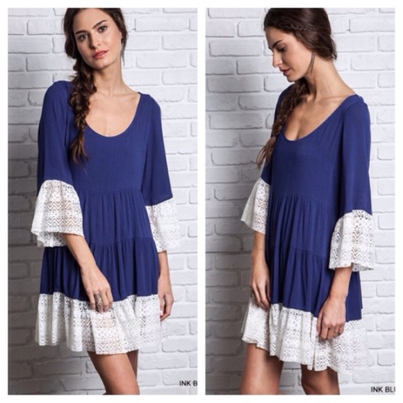 Blue or Mocha Lace Bottom Peasant Boho Mini Dress - Picture 2 of 4