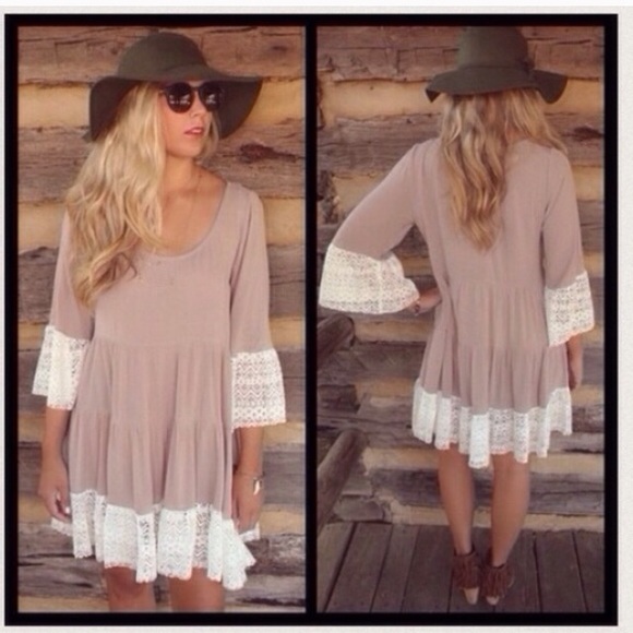 Blue or Mocha Lace Bottom Peasant Boho Mini Dress - Picture 4 of 4