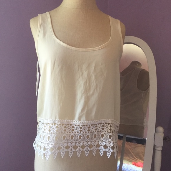 Tobi Cream Crop Top with Crochet Lace