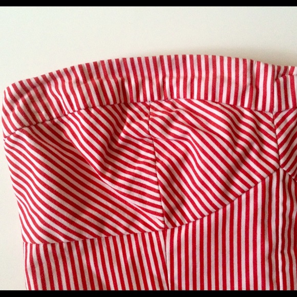 Strapless, red and white striped peplum top
