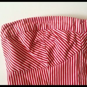 Strapless, red and white striped peplum top
